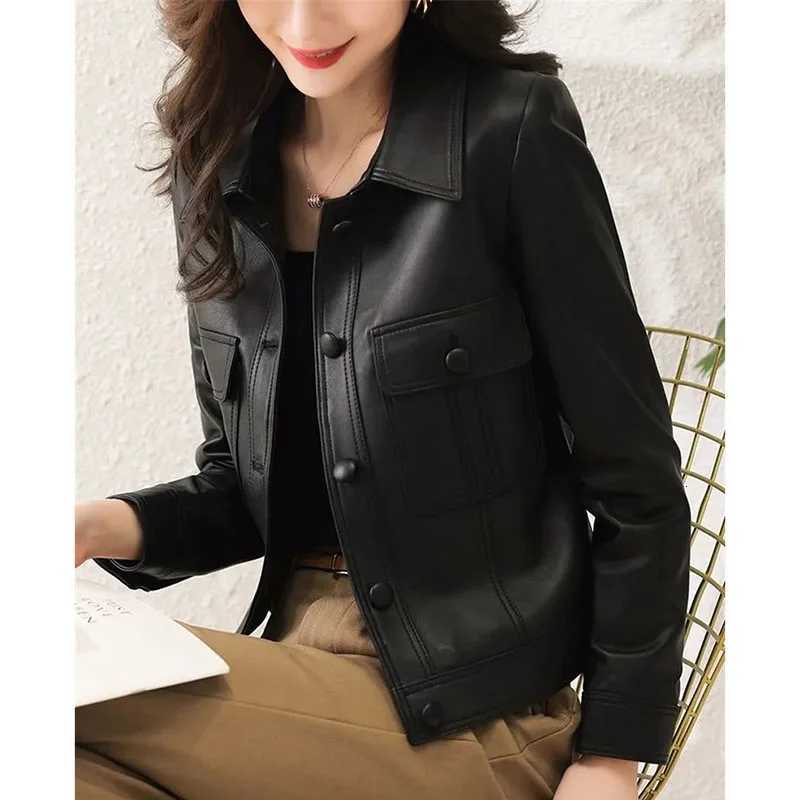 Korean Women Large Size 4XL PU Leather Jacket 2025 Femme Highgrade Faux Leather Coat Spring Autumn Lady Long Sleeve Leather TopT251017