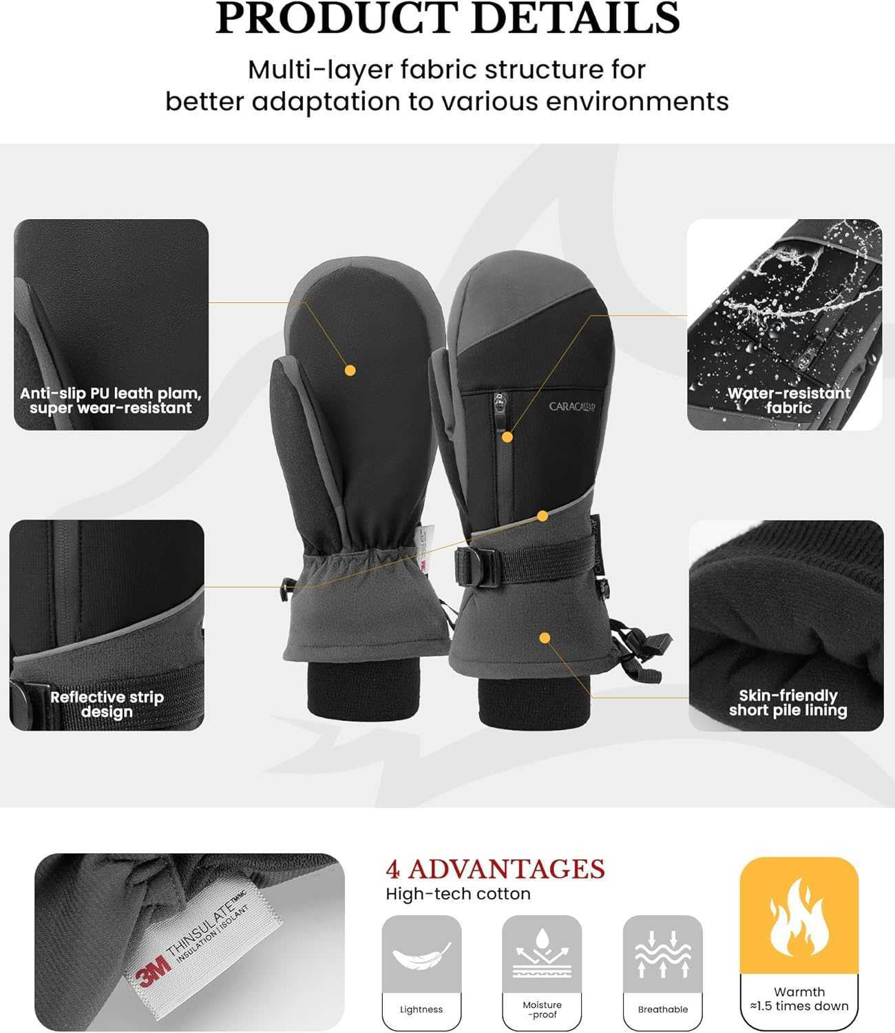 Snow Ski Mittens Waterproof Winter Gloves Men Women Gray ML Z251017