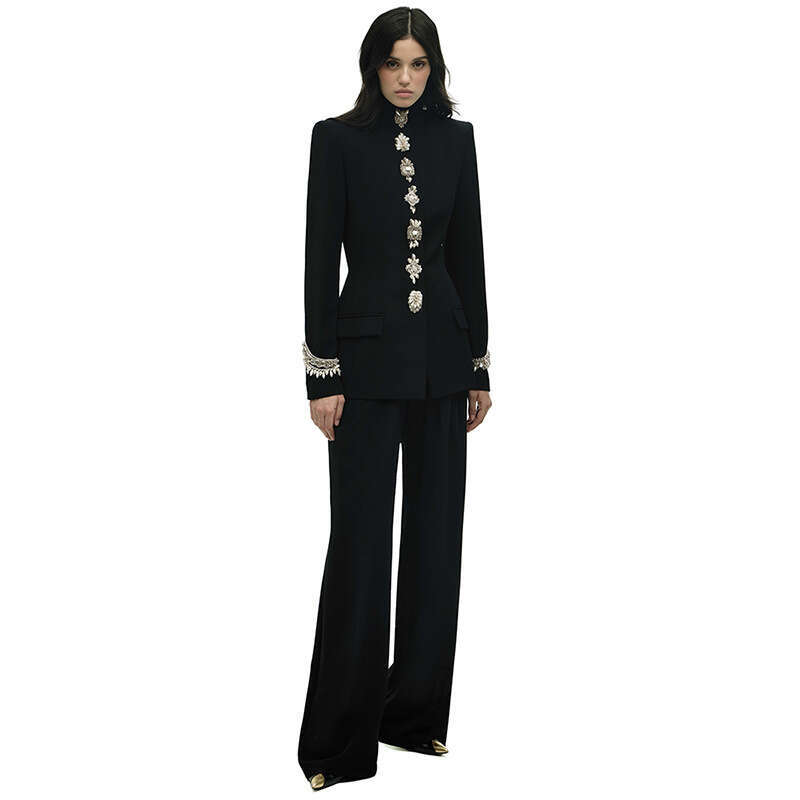 2025 Early Autumn New Celebrity Fashion Beaded Rhinestone Stand Collar Jacket Coat Long Pants Set