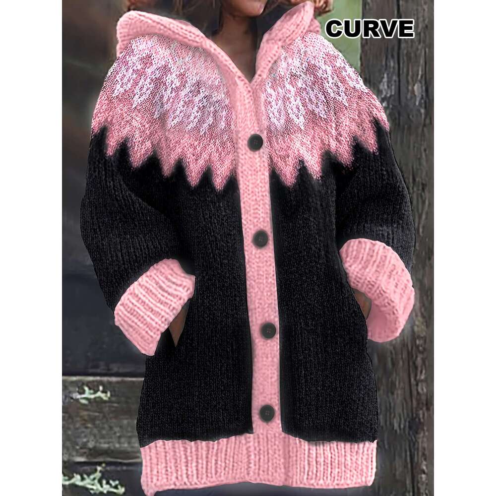 Plus Size, Soft Thick Jacquard Snow Mountain Glacier Gradient Tie-Dye Hooded Cardigan Elegant Fashion Comfortable Casual Vintage Sweater Oversized Jac