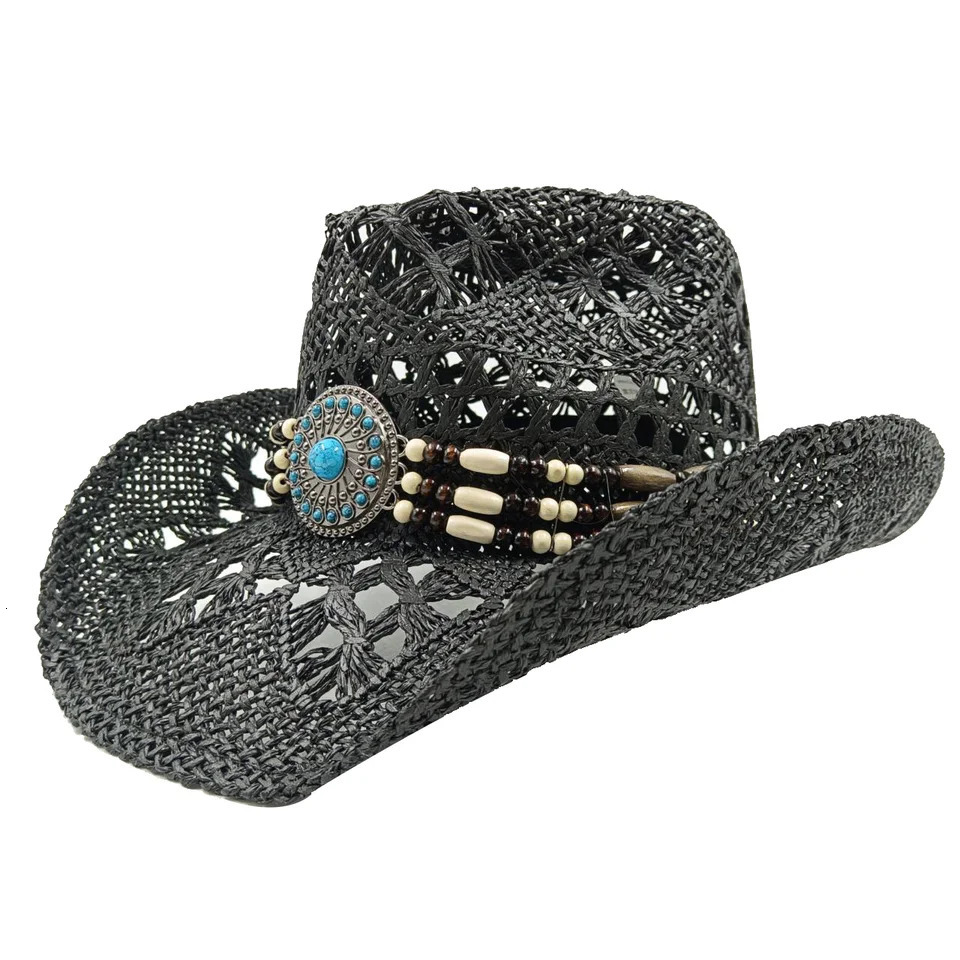 Ethnic Cowboy hat Black retro straw hat mens and womens jazz Cowboy hat straw hat sun hat summer hat sombrero 251015