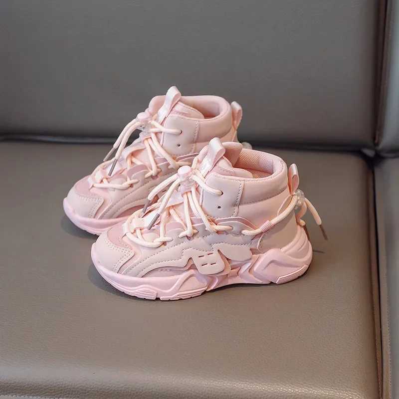 Kids High Top Sneakers Girls Boys Lace Up Shoes 2024 Autumn Childrens Pu Leather Casual Sport Walk Running Trainers Pink 2636T251017