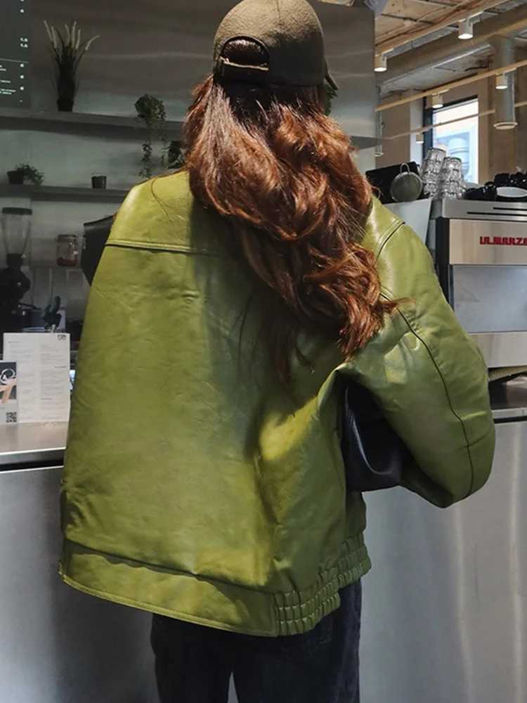 DFCF Women 2025 Autumn Winter Faux Leather Coat Casual Loose Imitate Leather Coat Female Vintage Zipper Lapel Leather JacketT251017