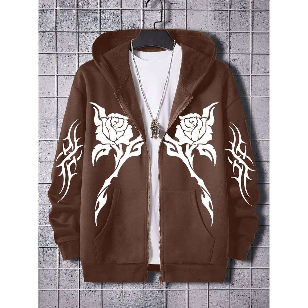 Black Regular Fit Men's Hooded Jacket | White Rose & Thorn Print, Hine-Washable Outerwear For Casual Attire