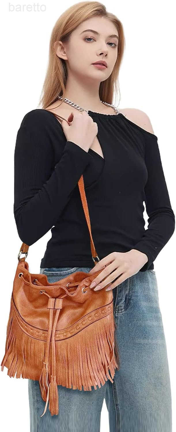 Fashion Women Bucket Fringe Hobo Bag Western Purse Vegan Leather Tassel Hippie Shoulder Crossbody Bag Z251017