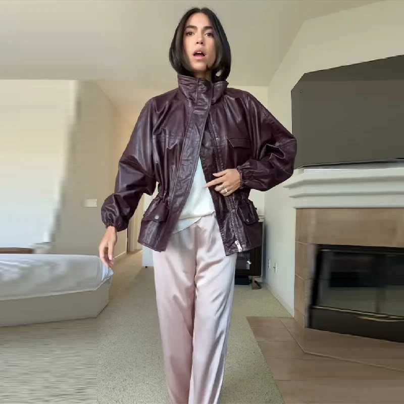 Fashion Stand Collar Pu Leather Red Jacket Long Sleeve Waist Cinching Pocket Coats 2025 Autumn Lady Chic High Street OuterwearT251017