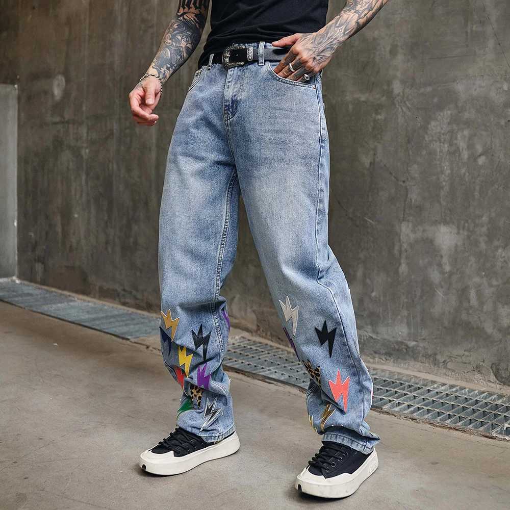 Mens Lightning Patch Denim Jeans Loose Straight Hip Hop Streetwear Pants Relaxed Fit Blue Trousers Y251105