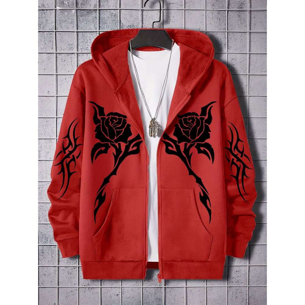 Black Regular Fit Men's Hooded Jacket | White Rose & Thorn Print, Hine-Washable Outerwear For Casual Attire