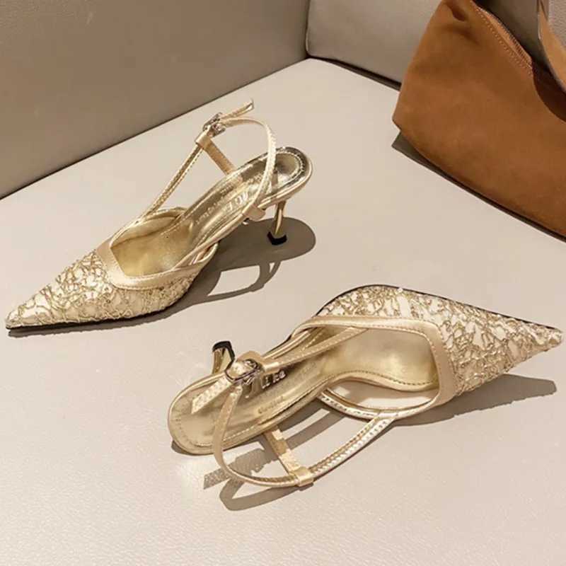 Sexy Pointed Toe Gingham Design Buckle Strap High Heels Golden Crystals Mesh Heeled Sandals Women Summer Luxury Party Dress Shoe Z251015