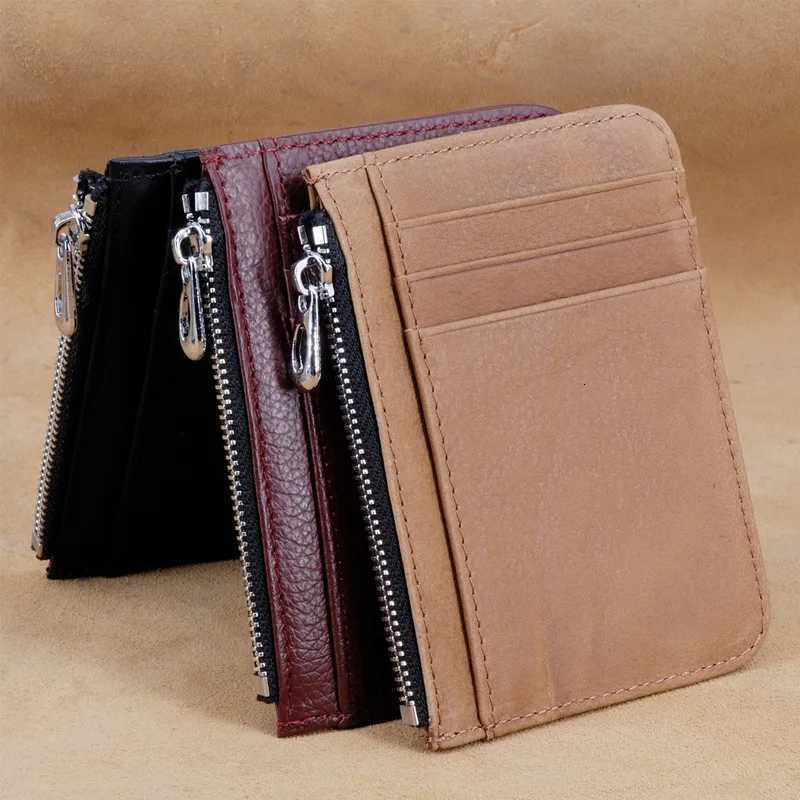 Mens Genuine Leather Minimalist Wallet Ultra Thin Zipper Coin Pouch with Credit Card Holder Small Money BagW251017