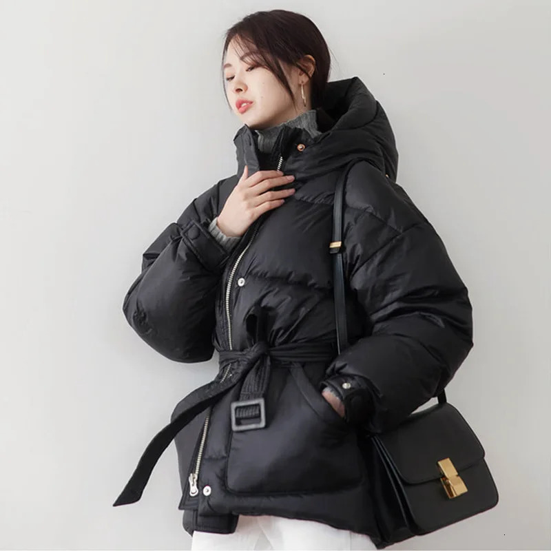 Black Womens Fashion Down Parka Winter Jacket Simple Cuff Windproof Warm Female High Quality Coats With Belt YRF75 251014