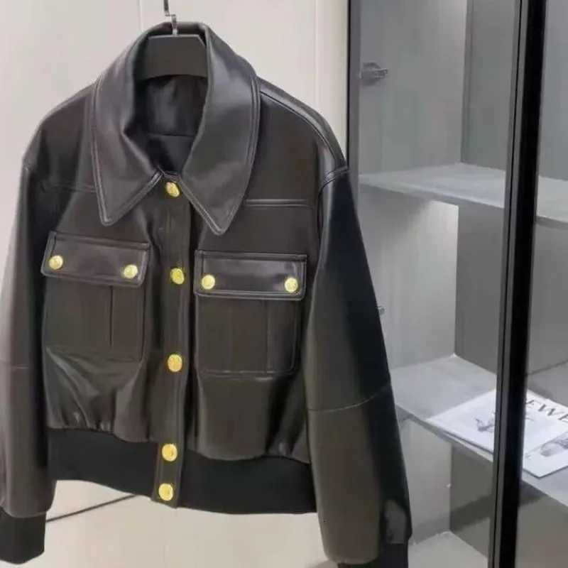 Luxury Womens Black Leather Jacket PU Leather Coat Spring Autumn Metal Button Pocket Outerwear Streetwear Short Top Long SleeveT251017