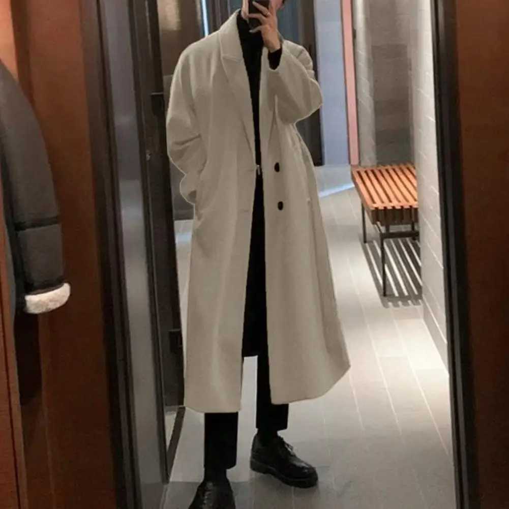 Men Long Woolen Coat Lapel Long Sleeve Solid Color Windbreaker Pockets TwoButton Placket Solid Color Midlength Trench Outwear J251017