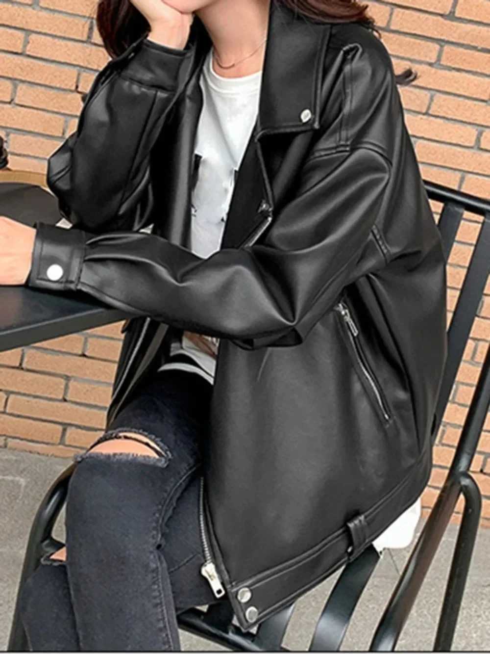 PU Loose Motorcycle Jackets Female Faux Leather Jacket Women Casual Streetwear Oversized Coat Korean Chic New SpringT251017