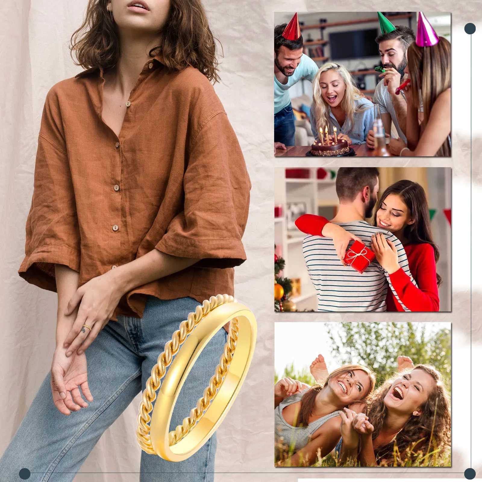 Set of 2 Stacking Ring for WomenStainless Steel 2mm Thin Gold Color Dome Shap Minimalist JewelryW251017