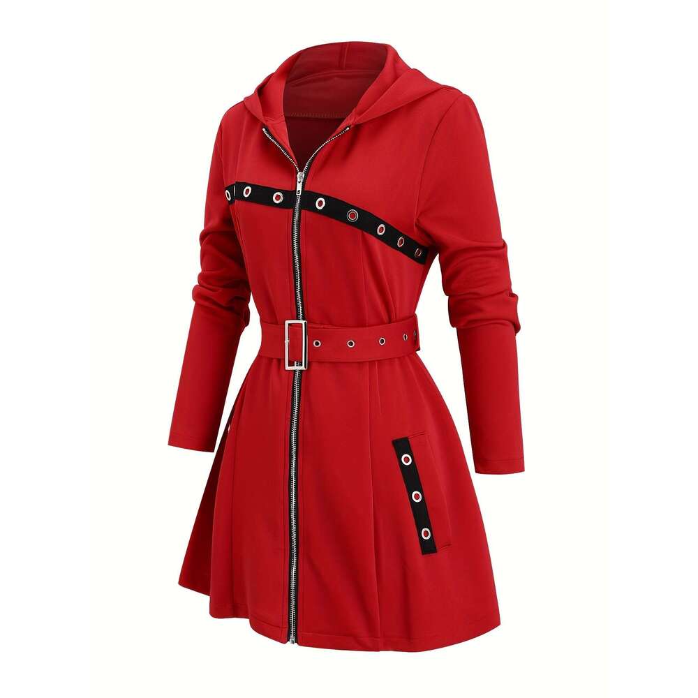 1Pc Y2k Style Women's Hooded Jacket - Solid Color Polyester Knit Fabric With Zipper And Belt Detail, Long Sleeve Punk-Inspired Casual Outerwear F
