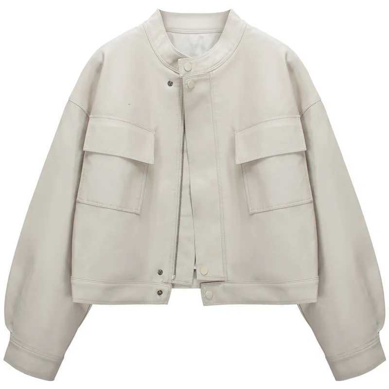 Women Short Leather Jacket New Autumn Winter Style Loose PU Coat Versatile Stylish Casual Round Neck Long Sleeve Solid ColorT251017