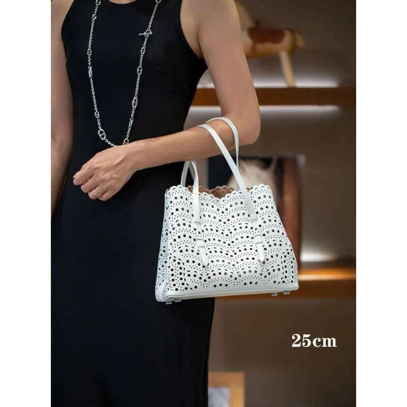 New Tote French Cowhide Handmade Niche Laser Engraved Hollow Leather Vegetable Basket Bag Casual Versatile Temperament