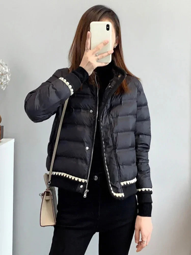 Down Jacket Winter Women 90 White Duck Down Coat Stand Collar Zipper Lace Solid Jacket Thick Warm Snow Parka Outwear European 251014