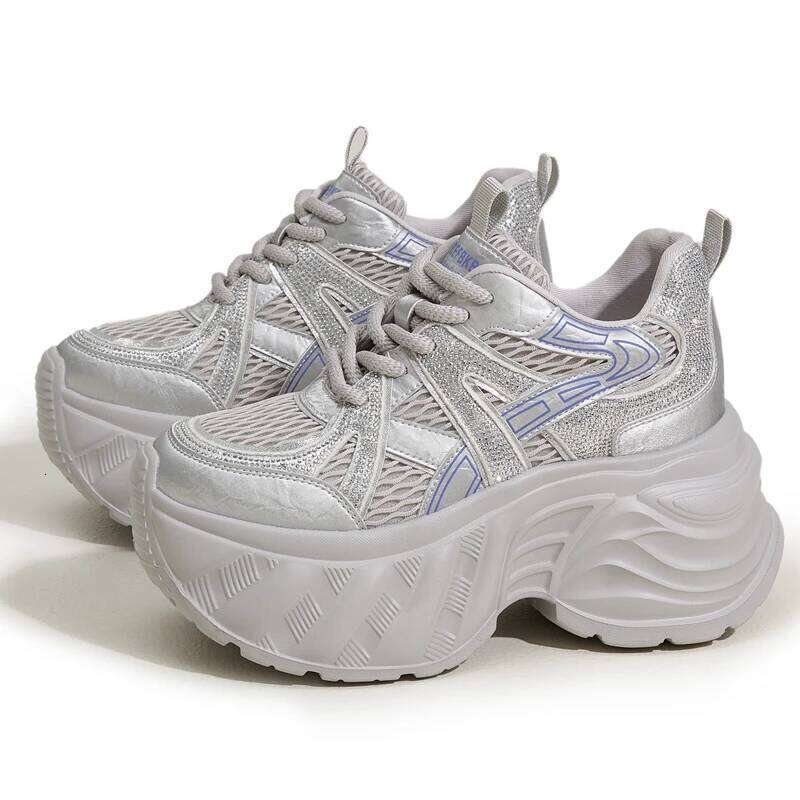 AUTUSPIN 2025 Winter for Woman 9.5cm High Chunky Sneakers Trendy Shiny Crystal Sneaker Mesh Women's Vulcanize Shoes