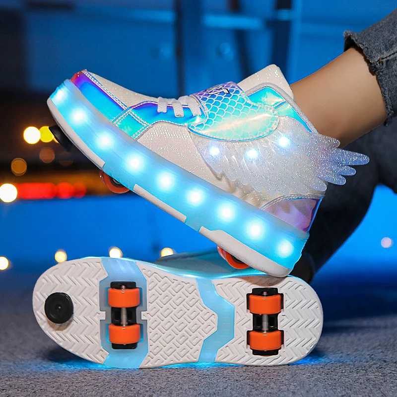 Childrens Led Light Roller Skate Shoes Kids Casual Sport 4 Wheels with Brake Sneaker Girl Boy Wing Boots Birthday Gift FootwearT251017
