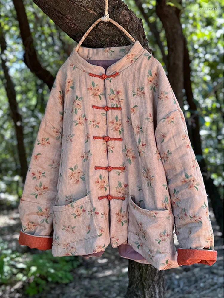 Women's Jackets Thick Warm Cotton Linen Casual Coats Women 2025 Autumn Chinese Style Vintage Floral Print Loose Female Padded M176