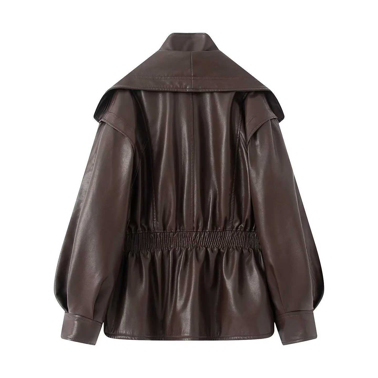 New Fall Winter High Street Warm Brown Zipper Pu Leather Jacket Women Casual Lapel Elastic Waist Cinching Coat Outwear ClothesT251017