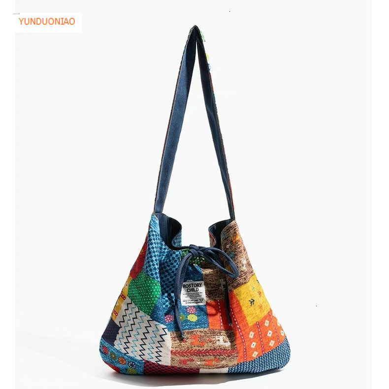 Autumn and winter new retro style patch patchwork designer canvas bag denim women's shoulder bag fashion trend commuting bag