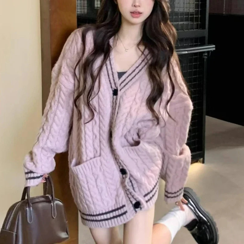 Vneck Long Sleeve Women Loose Cardigan Sweater Fashion Autumn Winter Pockets Coats Elegant Knitted Tops Preppy Style Knitwear 251013