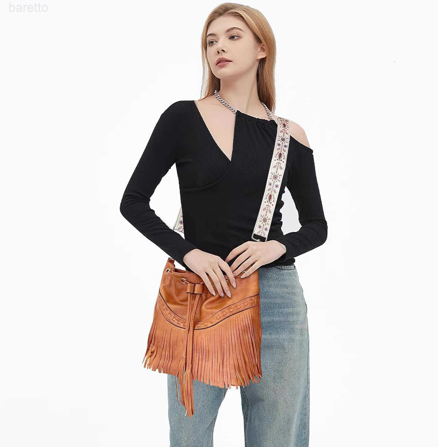 Fashion Women Bucket Fringe Hobo Bag Western Purse Vegan Leather Tassel Hippie Shoulder Crossbody Bag Z251017