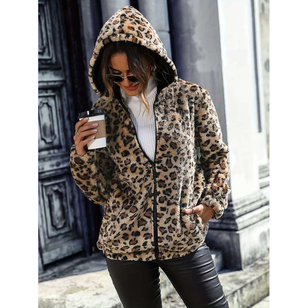 Versatile Long Sleeve Leopard Pattern Zipper Hooded Teddy Coat For Fall & Winter, Women's Clothing