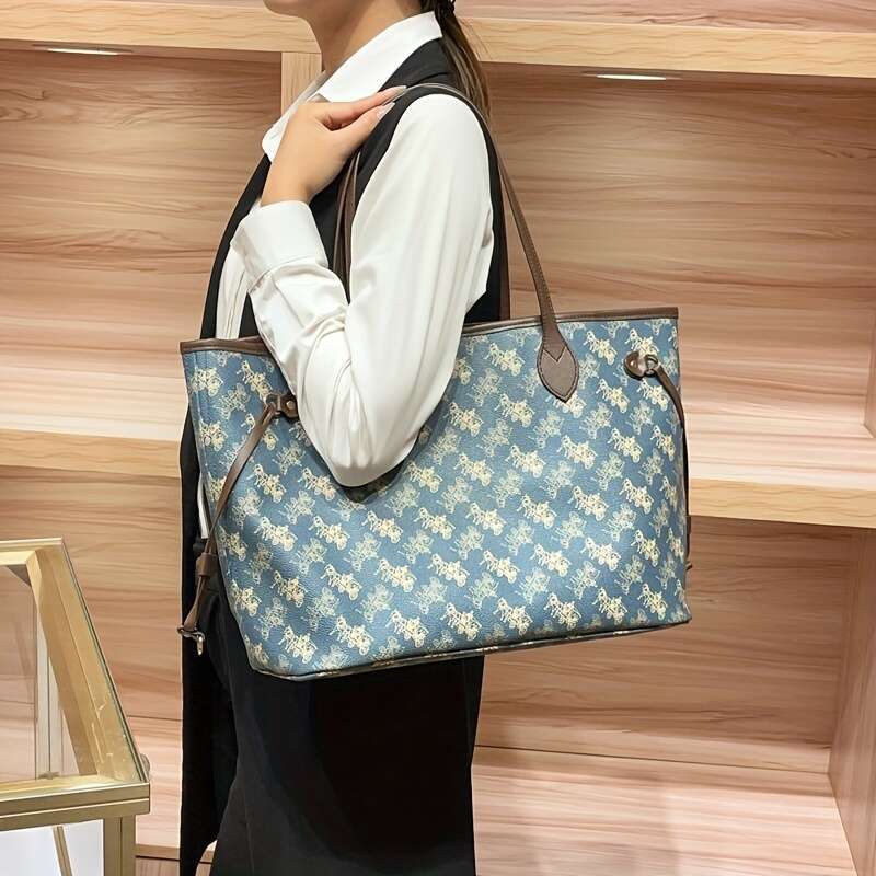 Elegant Blue Handbag, Red Interior, Large Capacity, Gold Hardware, Detachable Shoulder Strap - Suitable For Daily And Commuting, Travel Floral Print H