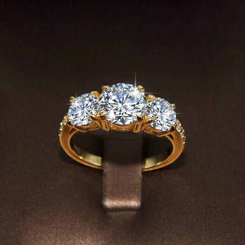 Luxury S925 Sterling Silver Gold Plated Three Diamond Moissanite Ring for Women Wedding Engagement Rings