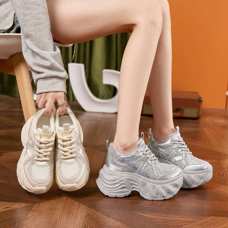 AUTUSPIN 2025 Winter for Woman 9.5cm High Chunky Sneakers Trendy Shiny Crystal Sneaker Mesh Women's Vulcanize Shoes