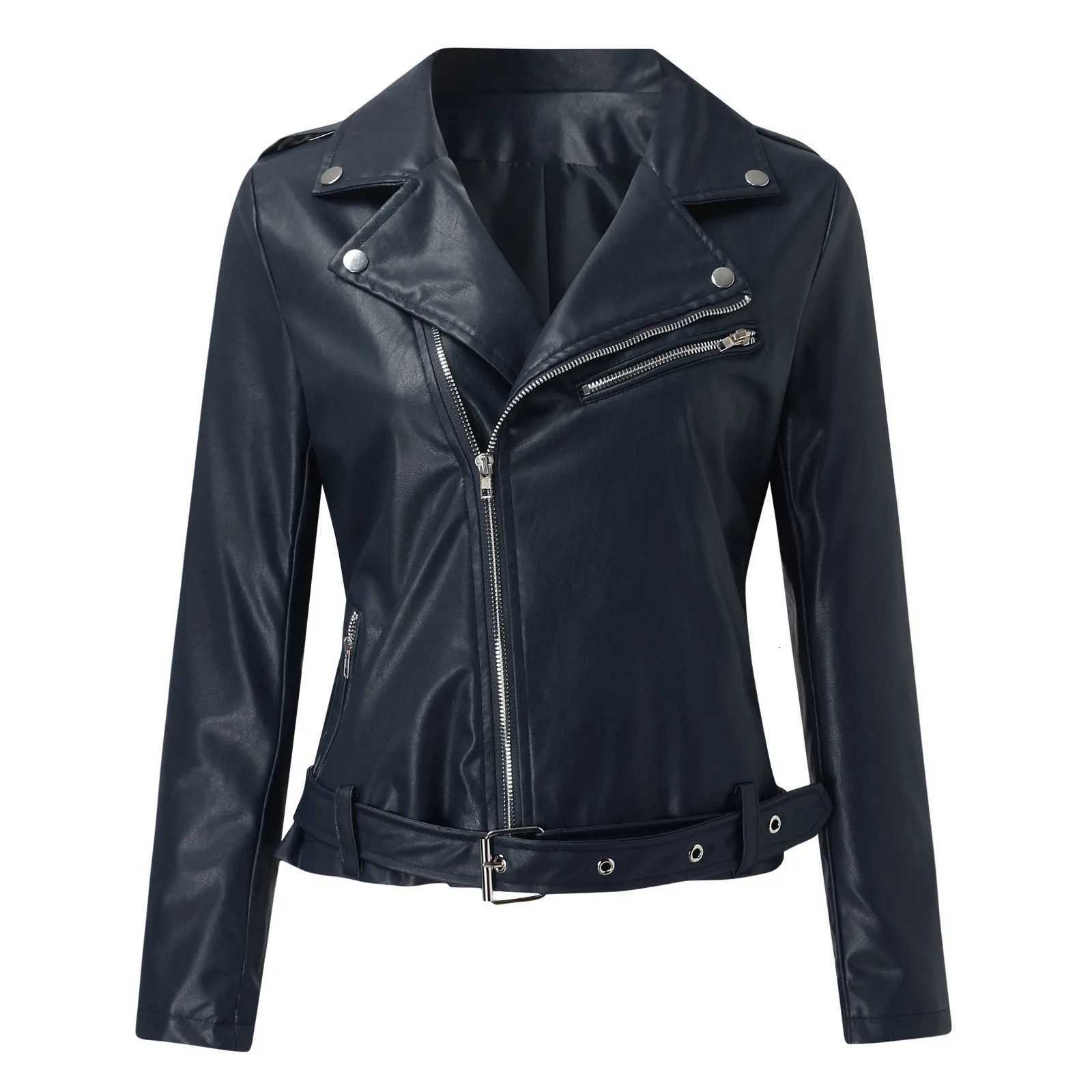 Women Streetwear Faux Leather Jackets Asymmetrical Belted Slim Fit Bomber Jackets Outwear Vintage Lapel Zip Up Motorcycle CoatsT251017
