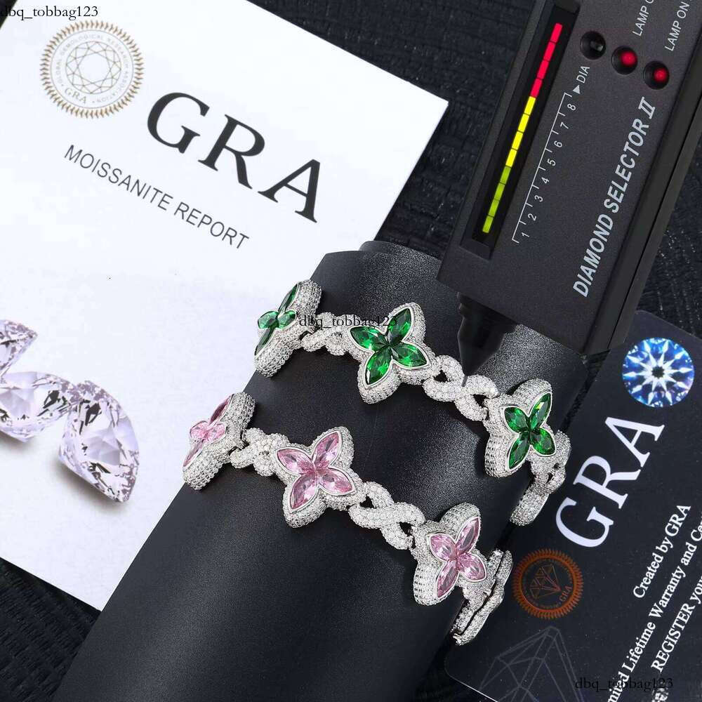 Fashion 21mm Sterling Sier Colorful Marquise CZ VVS Moissanite Four-Leaf Clover Infinity Cuban Chain Bracelet