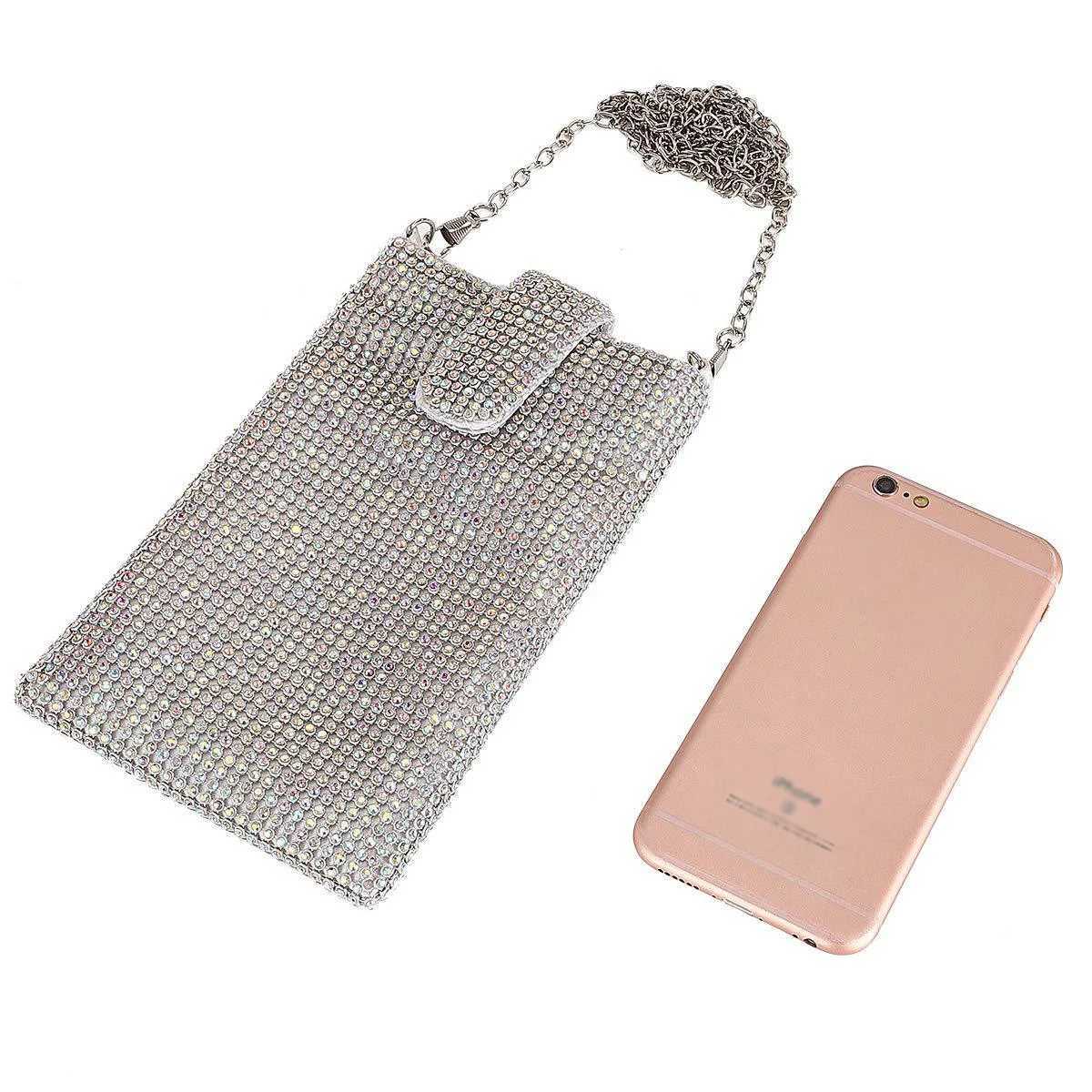 Shiny rhinestone mobile phone wallet metal chain shoulder lipstick mini bag dinner party ball messenger bag Z251017