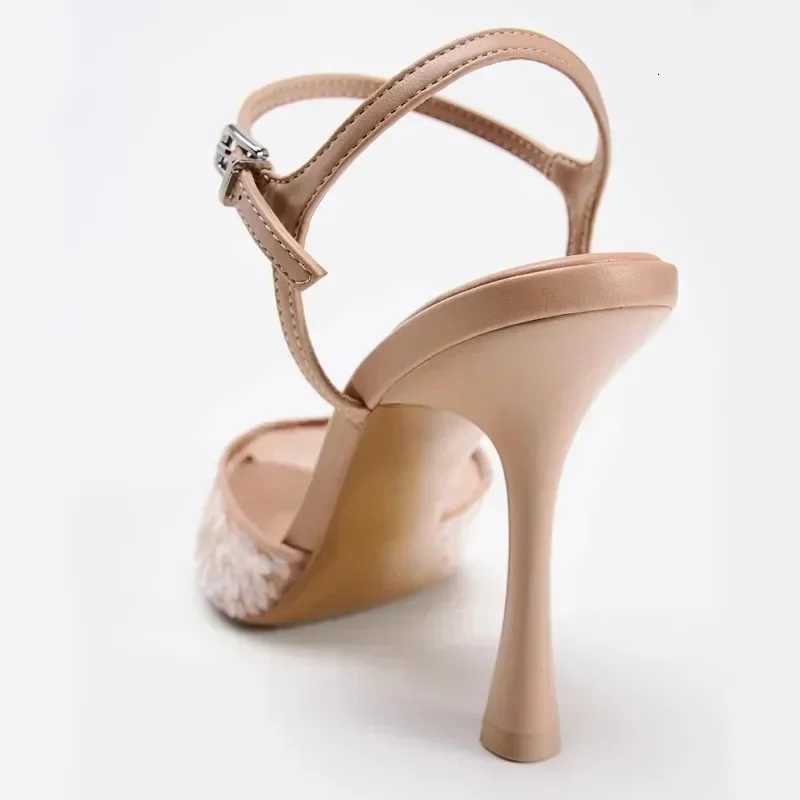 Luxury Designer Mesh Thin high Heeled Sandals Women Sexy Pointed Toe Bling Pumps Beige Open Heel Ankle Strap Wedding Party Shoes Z251015