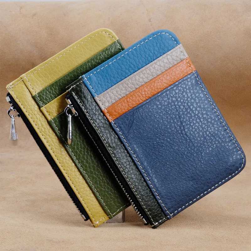 Mens Genuine Leather Minimalist Wallet Ultra Thin Zipper Coin Pouch with Credit Card Holder Small Money BagW251017