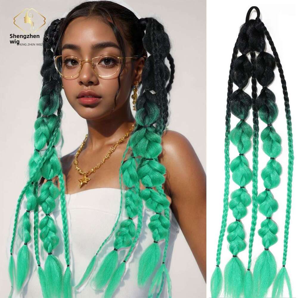 Strap-On Gradient Color Lantern Bubble Women's Wig Ponytail Dreadlocks Sweet Cool Dopamine Braid
