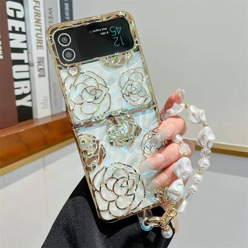 Elegant Flower Pearl Wrist Strap Soft Phone Case Cover For Samsung Galaxy Z Flip 3 4 5 6 7 F7220 Flip6