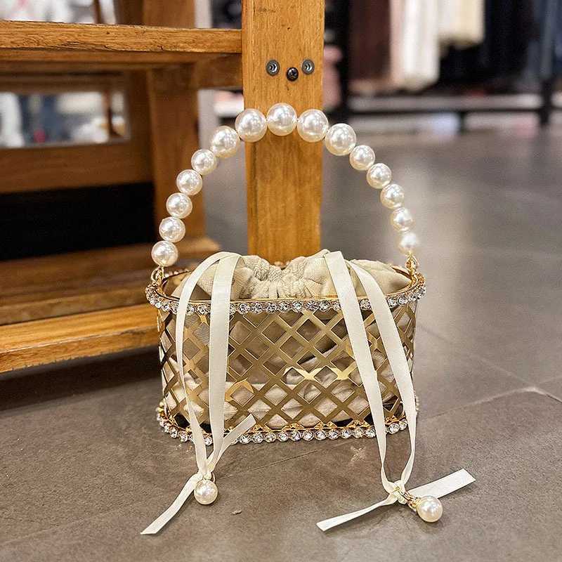 Fashion Pearl Beaded Handheld Women Handbag Gold Metal Cage Glitter Diamond Evening Bag Wedding Party Clutch Purse Crossbody Bag Z251017