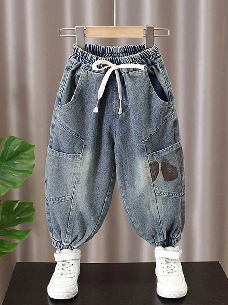 Autumn Kids Boys Jeans Letter Print Elastic Waistline Denim Cargo Pants Solid Color Street Sports Trousers Spring ClothesT251017