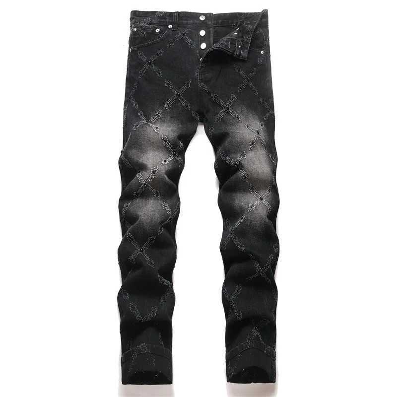 Mens Punk Nail Black Denim Jeans Straight Loose Pants Fashion Street Trend Y251105