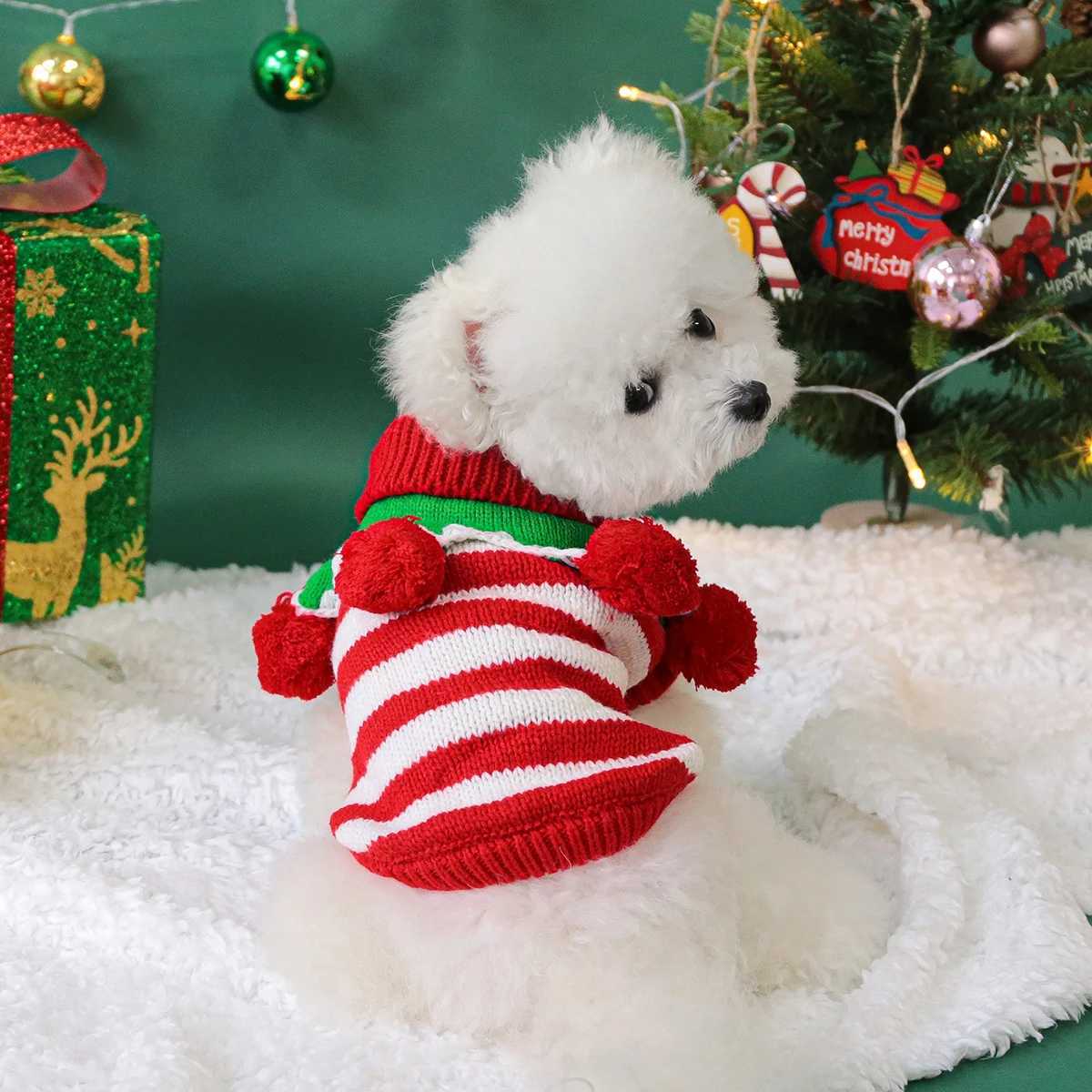 Colorful Christmas Sweater with Red and White Stripes Pet Dog Clothing Small Dog Warm and Comfortable in Autumn and WinterW251017