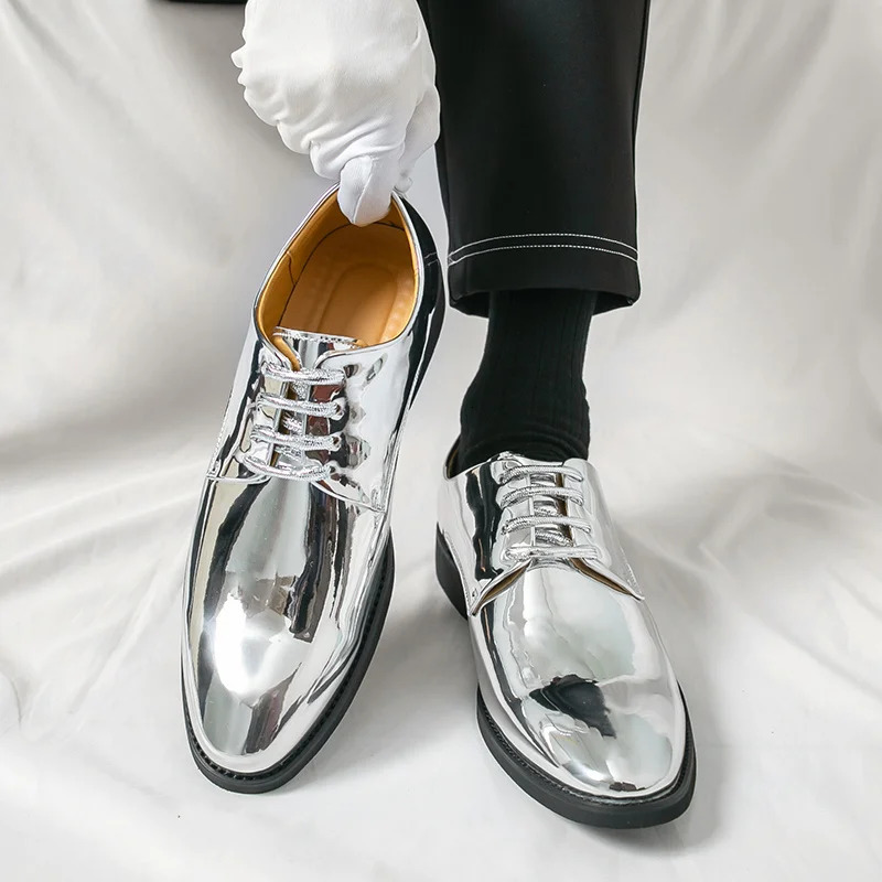 Silver Man Patent Leather Shoes Large Size 3850 Party Dress Wedding Shoes Men Pointed toe Leather Shoes Oxford 251010