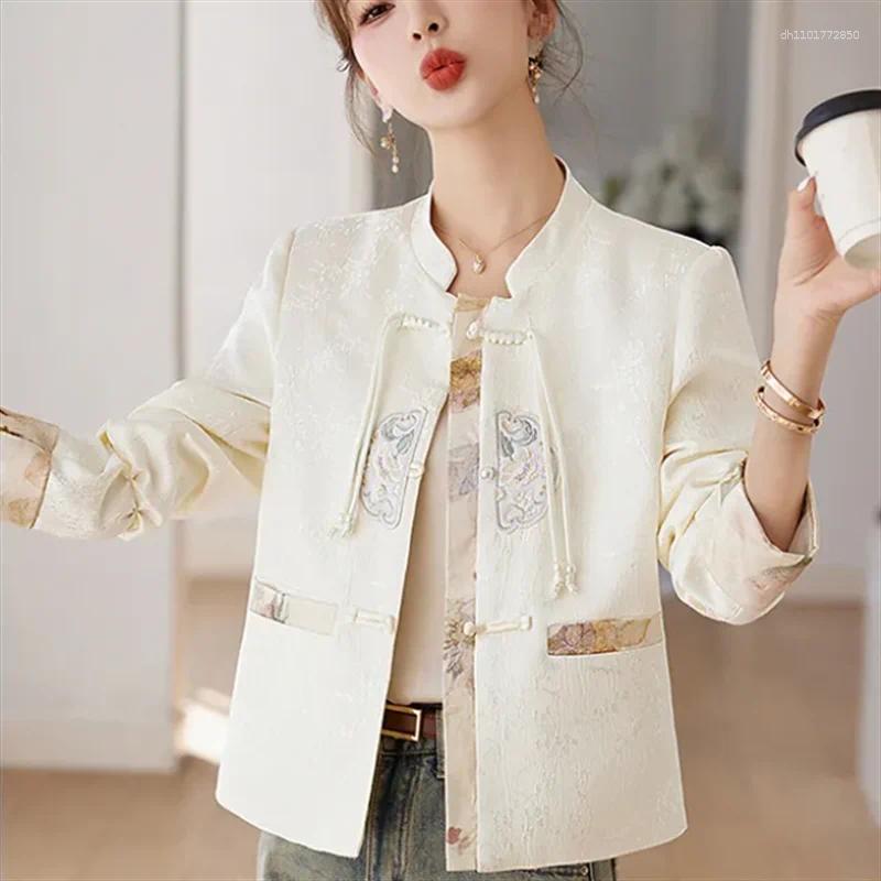 Women's Jackets Chinese Style Coats Women Outwear Plate Buckle Coat Embroidery Jacket Stand Up Neck Top Short For Thin Retro