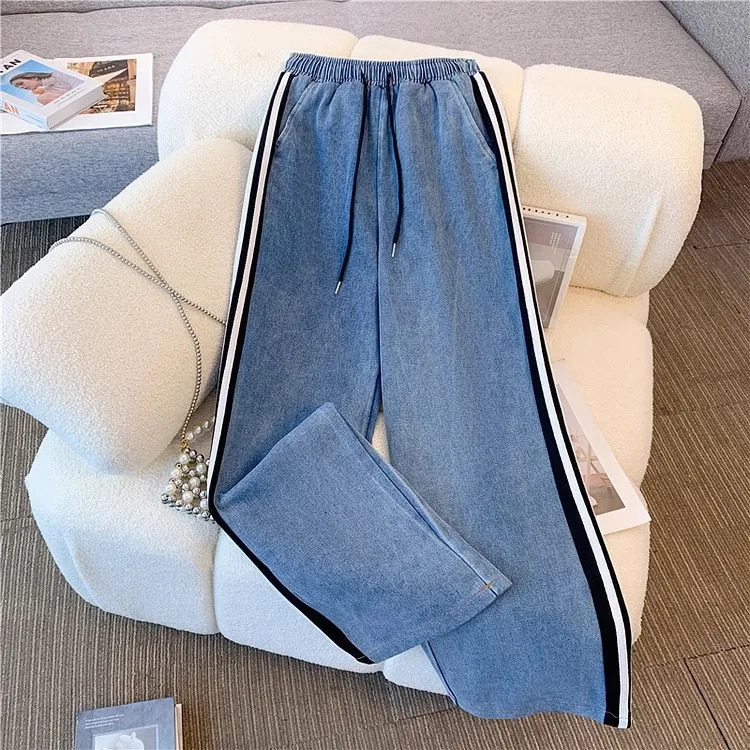 Pant Set Women Two Piece Sets Denim Splice Zipper Matching Sets Casual Coats Wide Leg Long Pants Lace Up Elastic Waist 2025251010