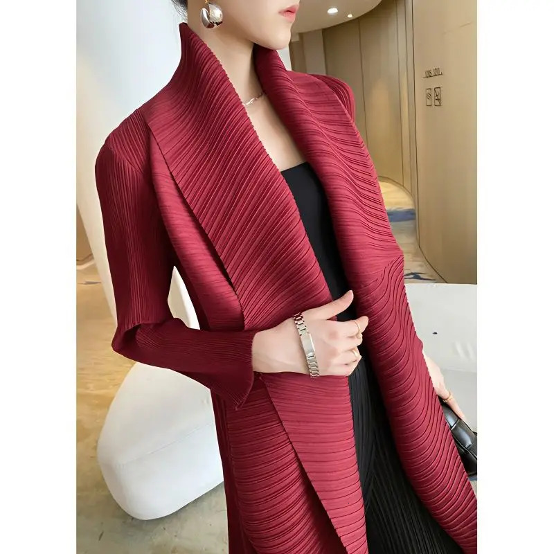 Pleated Coat Turn Down Collar Long Sleeve Midlength Trench Coat Oversized Windbreaker Cardigan Highend Chic Jackets 251013