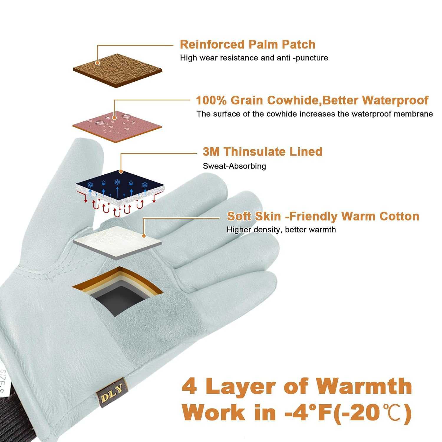 Winter Gloves Women WaterResistant Insulated Puncture and Abrasion Resistant Cowhide Leather with Warm Thinsulate Lining for Cold Weather Small White 